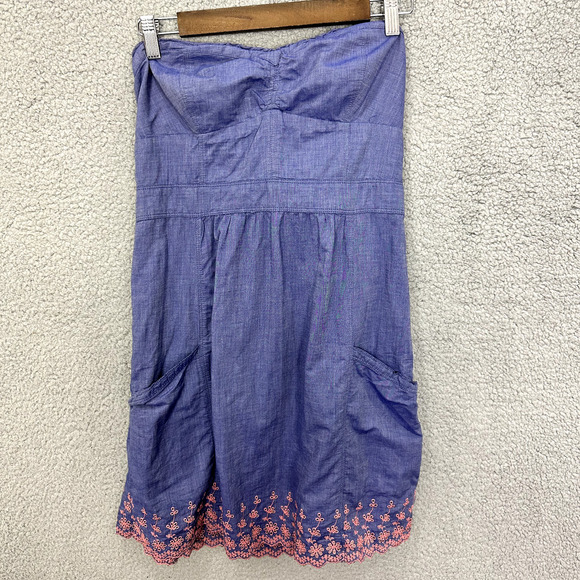 American Eagle Mini Dress Women 10 Blue Chambray Crochet Eyelet Pockets Y2K Boho - Picture 1 of 9